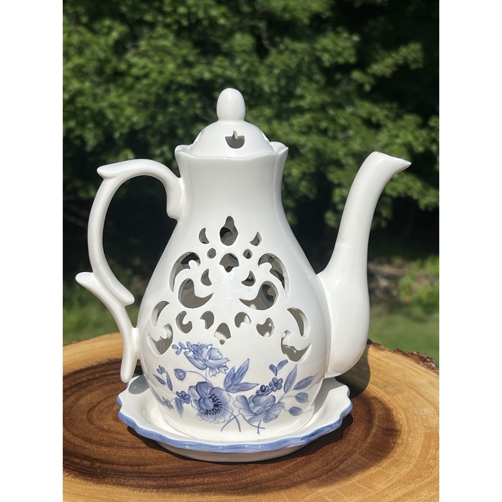 Blue White Porcelain Coffee Pot Tealight Fairy Light Lantern Pierced Floral